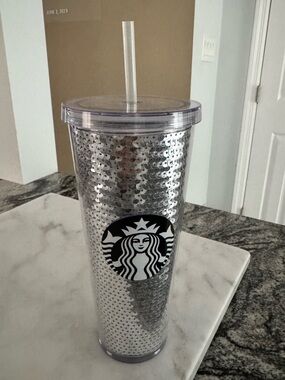 Starbucks Silver Sequin Tumbler with Clear Lid and Straw